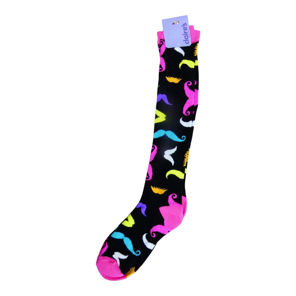 Claire's Knee High Socks Girls 9-11 Black Neon Mustache Print Fun Quirky
